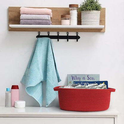 MEGASKET Red Woven Basket, 13" x 9" x 5" Baskets for Gifts Empty, Cute Cotton Rope Cat Dog Toy Bin Box, Small Woven Bin for Organizing, Red Room Decor, Nursery Cloth Diaper Storage Organizer