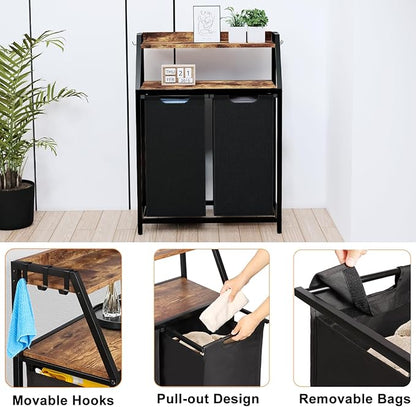 Timberer Laundry Hamper, Laundry Sorter 2 Section, Rolling Laundry Basket with Wheels, 2 Shelves, 2 × 14.5 Gal, Pull-Out and Removable Oxford Fabric Bags, for Laundry Room,Black and Rustic Brown
