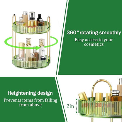 MOKANI 360 Rotating Makeup Organizer for Vanity, 2 Tier Adjustable Perfume Organizer for Dresser, Multi-Function Spinning Cosmetics Skincare Storage for Bedroom, Dresser, Countertop, Green