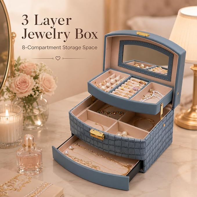 Elegant 3 Layer Lockable Jewelry Box for Women – Mirrored Jewelry Organizer with Key & Drawer, Travel Friendly PU Leather Storage Case,Gift for Wife, Mom, Daughter(Blue)