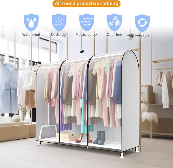 Clear Garment Rack Cover, Clothes Rack Cover Clothing Rack Cover with Durable Zippers for Garment Rack, Clothes Rack, White, 72"L x 20"W x 60"H (Rack Not Included)