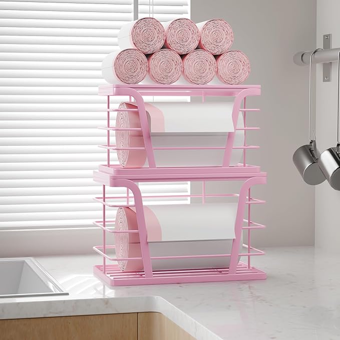 TIDIIABODE 2 Pack Pink Trash Bag Holder - Stackable Garbage Bag Dispenser with Bamboo Top, Kitchen Accessories & Decor, Wall Mount Storage for Kitchen, Home, Bathroom Decor & Gifts