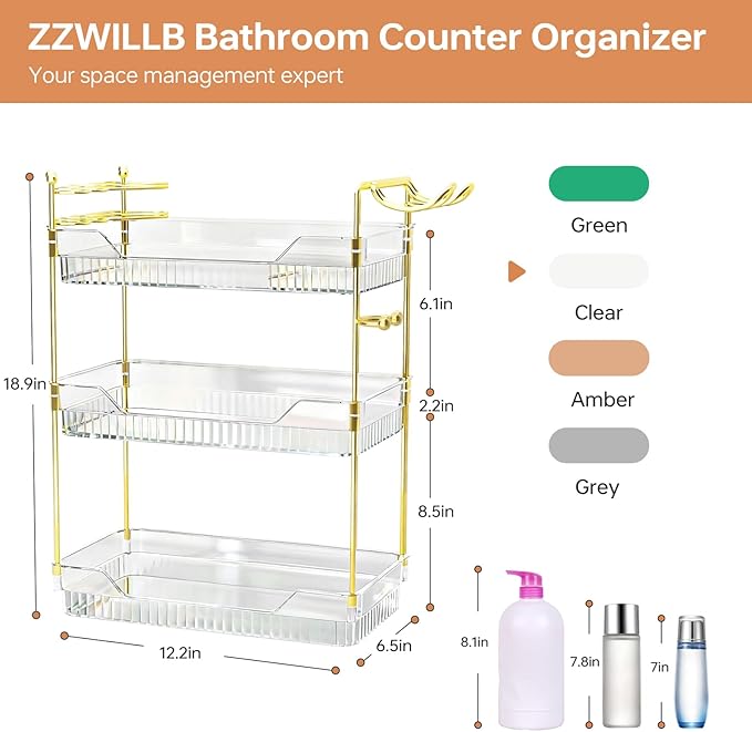Bathroom Counter Organizer with Hair Dryer Holder and Toothbrush Holder, Acrylic Vanity Tray for Skincare, Perfume, Makeup Storage on Countertop ＆ Dresser (Clear, 3-Tier)