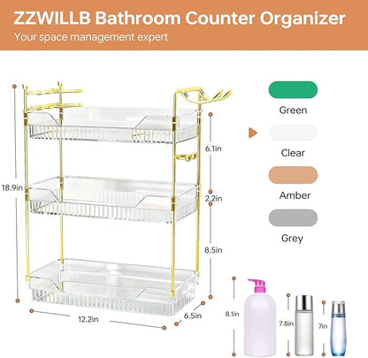 Bathroom Counter Organizer with Hair Dryer Holder and Toothbrush Holder, Acrylic Vanity Tray for Skincare, Perfume, Makeup Storage on Countertop ＆ Dresser (Clear, 3-Tier)