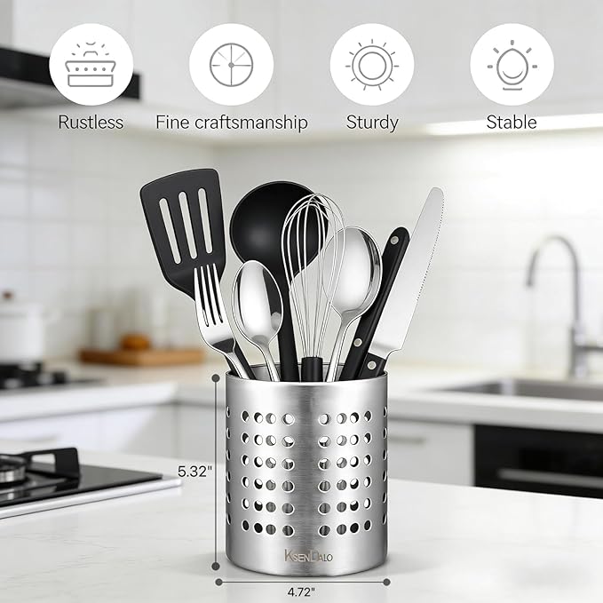 KSENDALO Small Stainless Steel Utensil Holder, SUS304 Silverware Utensil Drying Rack, Utility Sturdy Home Kitchen Daily Use Utensil Drainer for Countertop, Silver (5.32inch Tall)