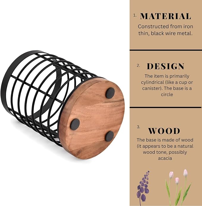 Wooden Utensil Holder for Kitchen Countertop, Rustic Metal Wire Cutlery Stand with Solid Wood Base, Spoon Spatula Organizer for Kitchen Décor Cooking Tools - 5.2" x 5.2" x 6"