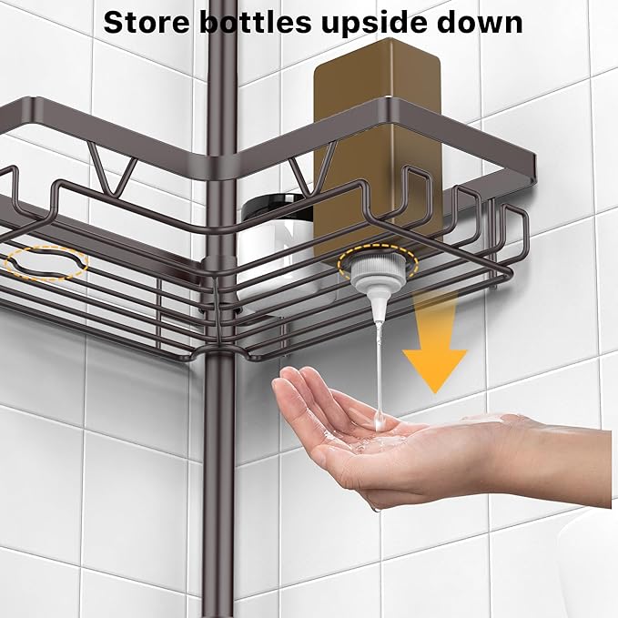 KEGII Shower Caddy Tension Pole with 2 Towel Bars, Adjustable Corner Bathroom Organizer, Rustproof Bathtub Storage Shelves for Shampoo, 25–114.2 Inch Shower Corner Rack for Renters & Family, Bronze