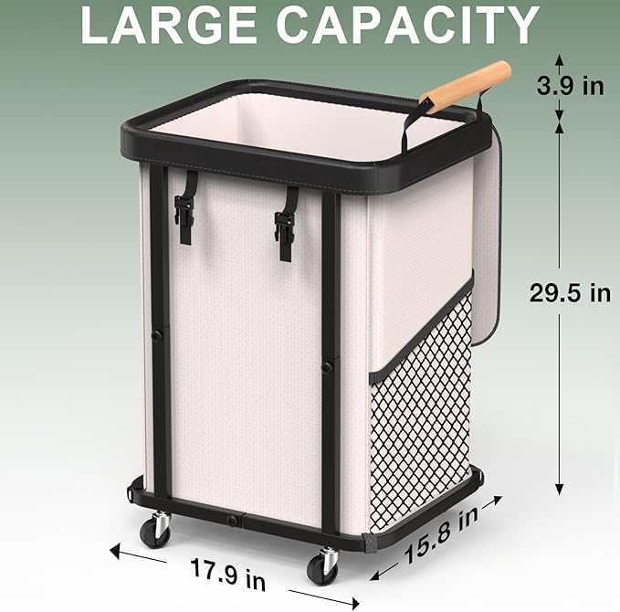 150L (40 Gal) Extra Large Fashion Laundry Basket with Wheels, Rolling Basket Hamper with Handle, Organizer Storage Cart with Sturdy Metal Frame for Laundry Room - White