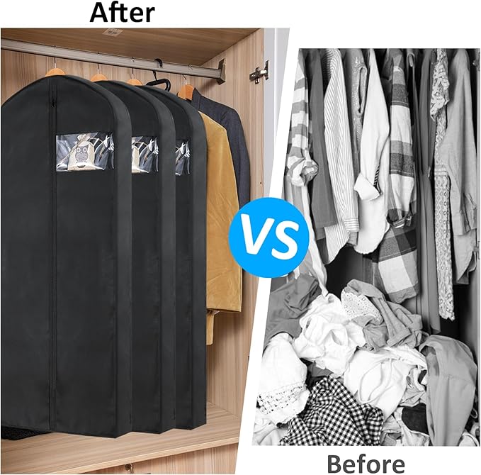 2 Pack 60"Garment Bags for Suits, Long Dress,Coats Lightweight Foldable with Travel Handle, Closet Storage and Travel-Friendly with Transparent Inner Bag Set, Black