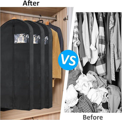 2 Pack 60"Garment Bags for Suits, Long Dress,Coats Lightweight Foldable with Travel Handle, Closet Storage and Travel-Friendly with Transparent Inner Bag Set, Black