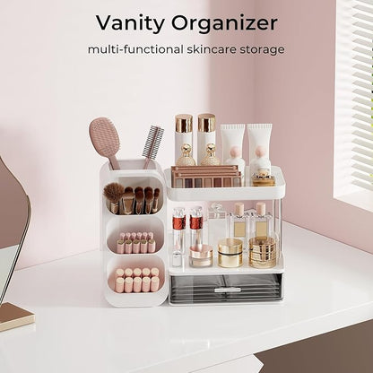 Makeup Organizer for Vanity with Brush Holder, 2 Tiers Countertop Skincare, Cologne Organizer and Perfume Stand for Bathroom Vanity, Large Capacity Makeup Storage, White
