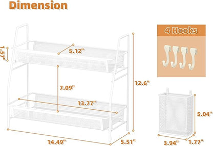 VITVITI 2-Tier Bathroom Organizer Countertop, Metal Wire Mesh Bathroom Counter Organizer Storage with Basket Hooks, Vanity Tray Shelf, Kitchen Spice Rack, White