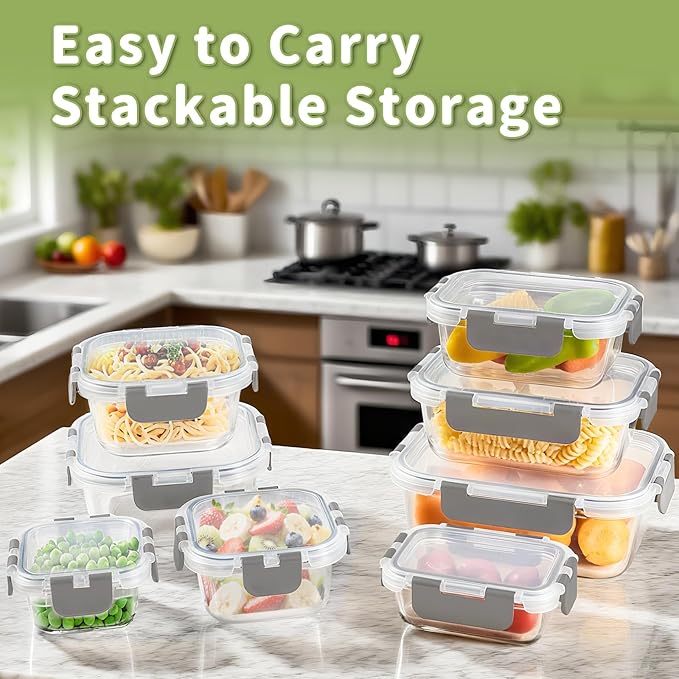HOMBERKING 8 Pack Glass Food Storage Containers with Lids, Meal Prep Containers, Airtight Bento Boxes with Leak Proof Locking for Microwave, Oven, Freezer and Dishwasher, BPA Free, 5-35oz