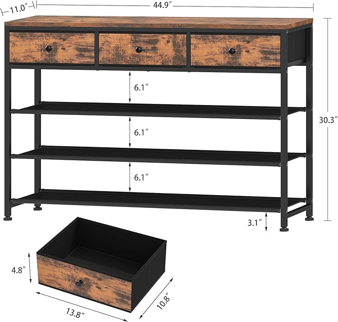 usikey 4 Tier Shoe Rack with 3 Drawers & 3 Oxford Fabric Shelves, Holds 15-18 Pairs, Metal Shoe Storage with Wood Top, Shoe Organizer for Entryway, Closet, Apartment, Rustic Brown UNYXJX022F