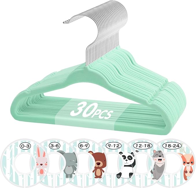 VIS'V Baby Hangers, 11 Inch Velvet Kids Hangers with 6 Pcs Clothes Size Dividers, Infant Toddler Nursery Closet Organization, Non Slip, Mint Green, 30 Pcs