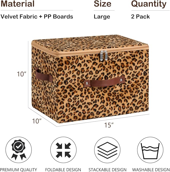 2PCS Storage Bins Boxes with Zipper Lid Leopard Print Cute Velvet Fabric Basket PU Leather Handles PP Plastic Board Foldable Washable Lidded Closet Shelf Organizer Container (Large Size)
