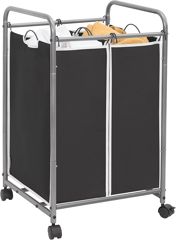 STORAGE MANIAC Laundry Sorter 2 Section, 90 L Gal Laundry Hamper with Wheels, Clothes Basket Separator Sorter, 2 Bag Clothes Cart with Wheels and Removable Bags for Closet, Dorm, Collage, Black