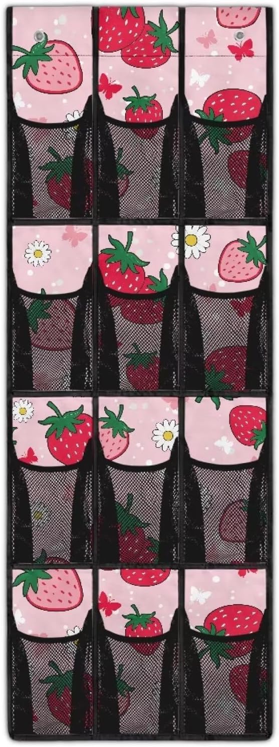 Large Capacity 12-Pocket Behind The Door Hanging Organizer, Oxford Fabric Waterproof Foldable Storage Bag for Bathroom Bedroom Pantry, Cute Strawberry Floret