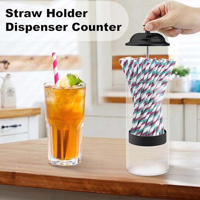 Straw Holder for Counter, Straw Dispenser Organizer for Standard Size Drinking Straws, Acrylic Plastic Straws Container Dispenser Storage for Counter with Lid Black(1 or 2 PACK) (2 Packs)