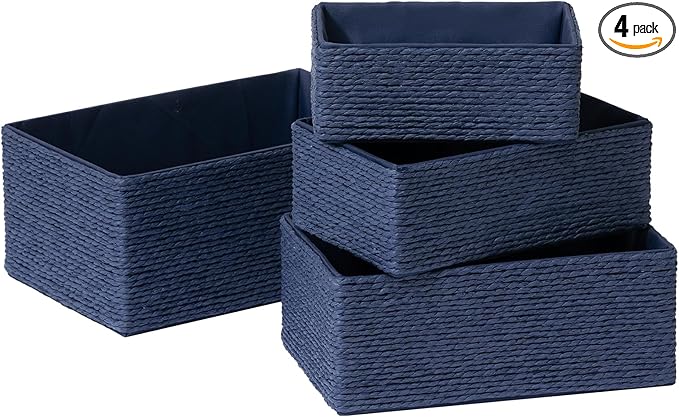 LA JOLIE MUSE Storage Baskets for Organizing - Set of 4 Sturdy Woven Paper Rope Decorative, Stackable Wicker Baskets for Makeup Closet, Bathroom, Bedroom (Navy Blue)