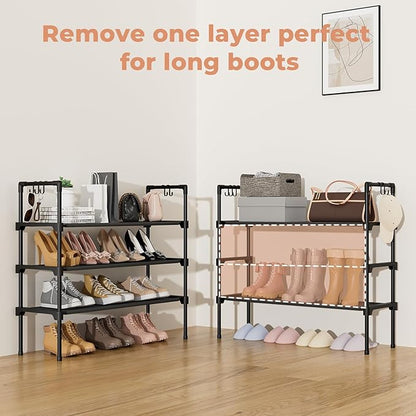 LANTEFUL 3 Tier Shoe Rack for Closet, Shoe Organizer with 5 Hooks, Long Shoe Shelf Storage for Sneaker and Boot Stackable Free Standing Shoe Rack for Entryway, Garage, Small Spaces, Dorm