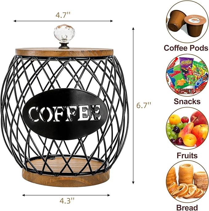 WRINGKIT Coffee Pod Holder with Lid, Large Capacity K Cup Storage Basket, Black Wire Coffee Pod Basket Decor for Countertop, Round Coffees Holder for Keurig Kcups, Espresso Capsules, Christmas Gift