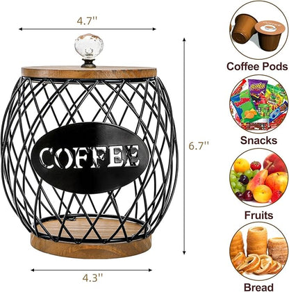 WRINGKIT Coffee Pod Holder with Lid, Large Capacity K Cup Storage Basket, Black Wire Coffee Pod Basket Decor for Countertop, Round Coffees Holder for Keurig Kcups, Espresso Capsules, Christmas Gift
