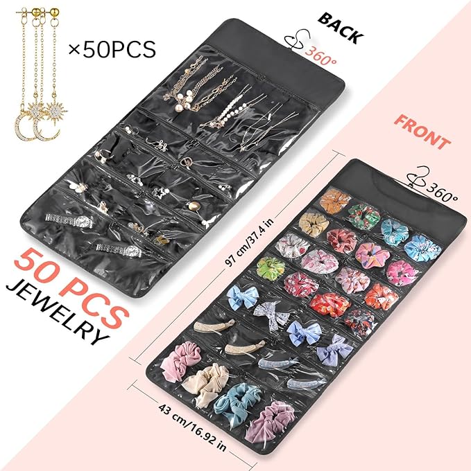 FOREGOER Hanging Jewelry Organizer Double Sided 43 Pockets Large Necklace Earring Accessory Holder Organizer(Black)