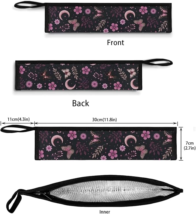 COEQINE Black Utensil Holder Case for Fork Spoon Knife Organizer,Pink Buttterfly Moon Leafproof Travel Spoon Case With Handles Machine Washable Portable Cutlery With Zipper