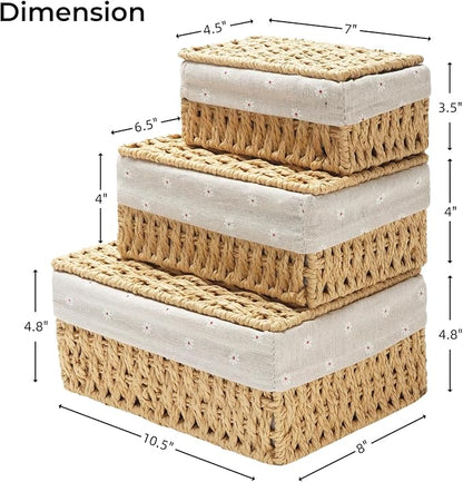 GIB Small Wicker Storage Baskets with Lids and Liner, Rectangular Paper Rope Woven Baskets for Organizing, Decorative Boxes Boho Decor for Shelves Table Desktop Makeup Organizer, Set of 3