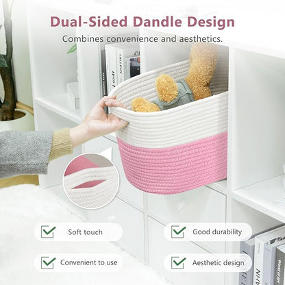 ECDYQXVU Cotton Rope Shelf Storage Basket, 15x10x9 in, Shelf Storage Baskets for Clothes, Towels, Books, Laundry (White/ Pink, 2 Pack)