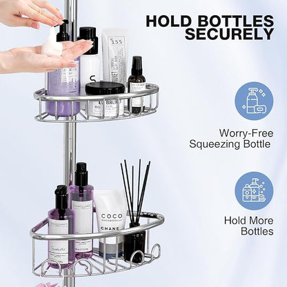 Corner Shower Caddy Tension Pole: Stainless Steel Rustproof 4-Tier Shower Organizer - 47-121 inch Adjustable Bathroom Shelves for Bathtub Shampoo Storage - Tension Rod Floor Standing Bath Rack