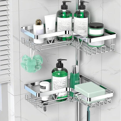 DAOYA Corner Shower Caddy Tension Pole - Chrome Tension Rod Shower Caddy Adjustable Shampoo Holder for Bathroom/Bathtub/RV, Stainless Steel, Floor to Ceiling 25-114.2 inch