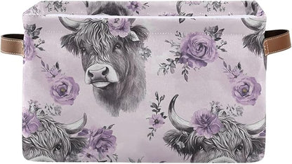 Large Storage Basket Highland Cow Purple Flower Storage Bin Cube Canvas Fabric Organizer Handles Collapsible for Clothes Toys Bedroom Decorative