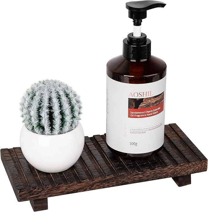 Bathroom Tray Rustic Farmhouse Bathroom Decor Wood Display Stand Riser Kitchen Soap Dish Holder for Vanity, Countertop, Sink, 10 * 4.5 Dark Brown