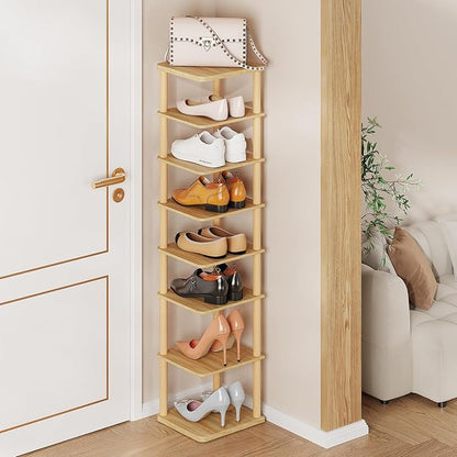 LUCKNOCK Vertical Shoe Rack, 8-Tier Tall Narrow Shoe Organizer for Entryway, Closet, Dorm & Small Spaces, Freestanding Wooden Shoe Shelf Tower for Boots, Sneakers, Heels. (Natural)