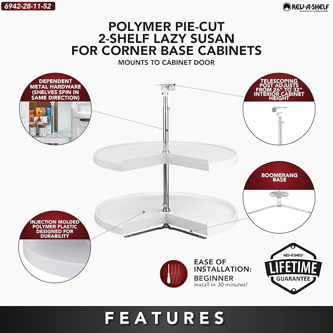 Rev-A-Shelf 2 Tier Pie-Cut Lazy Susan for Corner Base Cabinets, Plastic, 28" Double Shelf Swivel Kitchen Spice and Can Organizer, 28" W x 18.25" D x 26" H, White, 6942-28-11-52