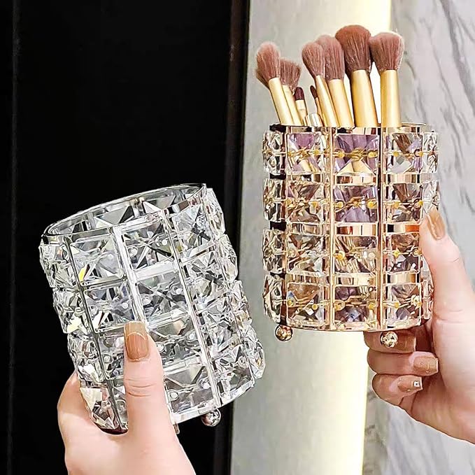 Golden Crystal Makeup Brushes Holder Organizer for Cosmetics Comb Brushes, Eyebrow Pen Pencil Storage Case Container, Golden