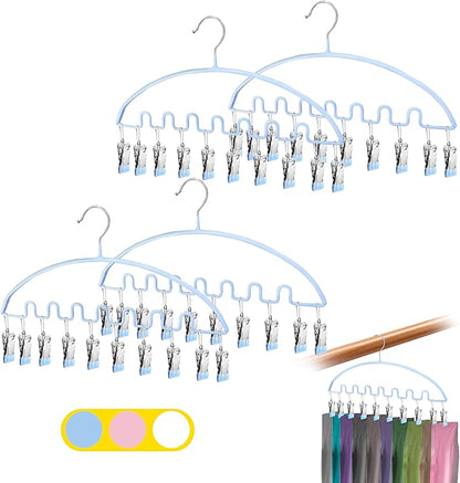 Legging Organizer for Closet,Metal Wave Design Pants Hanger with 10 Clips 7 Hooks, Closet Storage for Pants, Skirts, Hats (Blue, 4Pack)