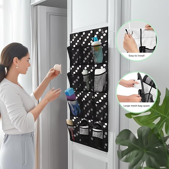12-Pocket Waterproof Oxford Cloth Storage Hanging Bag Behind The Door, Foldable Large Capacity Organizer for Bathroom Closet Bedroom and Pantry Door, Dots Print Black