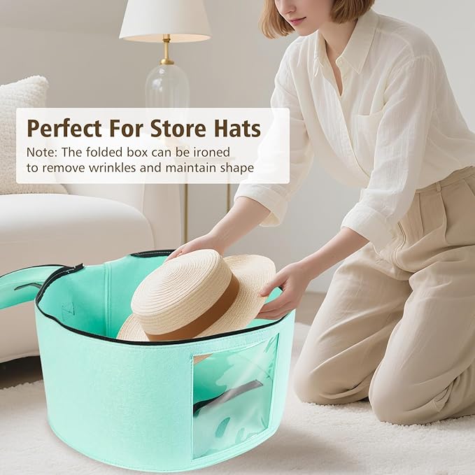 HEAVYWOOD Hat Box for Women Storage Travel Felt Hats Case for Wide-Brim Cowboy Hats Storage Foldable Organizer for Closet Large Round Hat Carrier with Portable Handle (Blue)