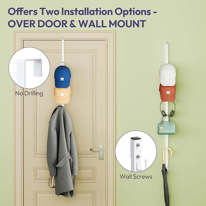 SWTYMIKI Over Door Hat Organizer - 2 Packs Metal Wall Mounted Hat Rack with 16 Hooks Design, Hanging Baseball Cap Organizer Storage Holds up to 32 Caps for Door, Bedroom, Closet(White)
