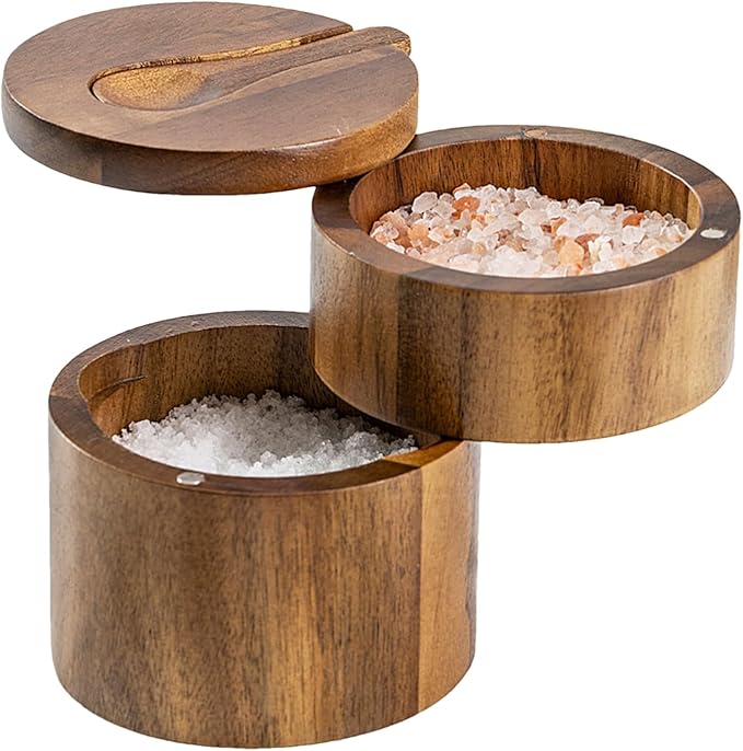 Salt Cellar with Lid | Pepper Container with Magnetic Swivel Lid,2-Layers Wooden Cellar Bowl with Spoon for Storage Pepper Coffee Sugar Pickling Kitchen Countertop Dining Table