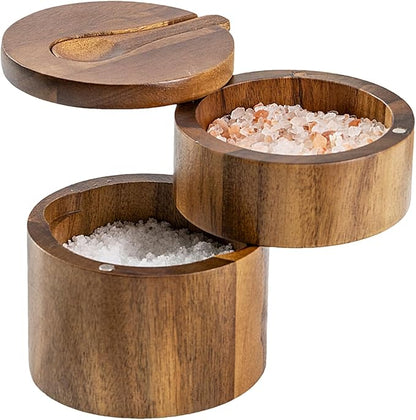 Salt Cellar with Lid | Pepper Container with Magnetic Swivel Lid,2-Layers Wooden Cellar Bowl with Spoon for Storage Pepper Coffee Sugar Pickling Kitchen Countertop Dining Table