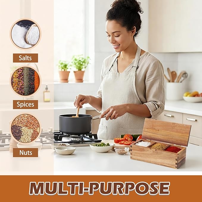 Acacia Wood Salt Cellar Spice Box with Magnetic Lid 29oz Large Capacity Salt Organizer 3 Compartments for Kitchen Countertop, Pepper, Seasonings, Spices, Grilling & Cooking