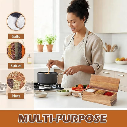 Acacia Wood Salt Cellar Spice Box with Magnetic Lid 29oz Large Capacity Salt Organizer 3 Compartments for Kitchen Countertop, Pepper, Seasonings, Spices, Grilling & Cooking