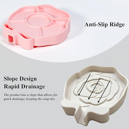 3PC Self-Draining Silicone Soap Dish, Soap Holder/Tray/Saver for Shower, Bathroom, Kitchen, Bathtub, Keep Soap Dry and Easy to Clean (Light Color)