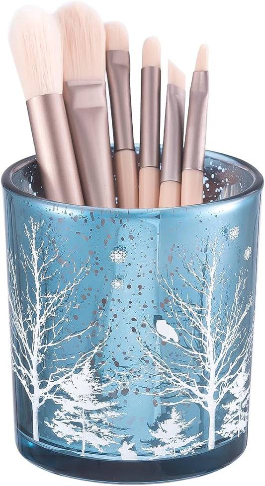 DASITON Makeup Brush Holder Organizer, Crystal Glass Cosmetic Makeup Brushes Storage Holder, Christmas Tree Make Up Brush Cup for Vanity Décor, Small Pen Holders for Desk, Toothbrush Holders (Blue)