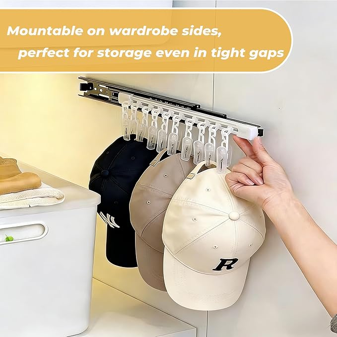 2 Pack No-Drill Wall-Mounted Baseball Hat Organizer, Hat Storage Rack Holds Up to 20 Caps, Hat Holder with 10 Damage-Free Clips & Metal Slide Rails, Modern Hat Rack for Closet, Bedroom & Entryway