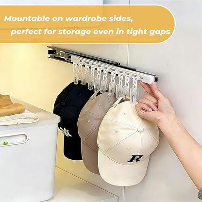 2 Pack No-Drill Wall-Mounted Baseball Hat Organizer, Hat Storage Rack Holds Up to 20 Caps, Hat Holder with 10 Damage-Free Clips & Metal Slide Rails, Modern Hat Rack for Closet, Bedroom & Entryway